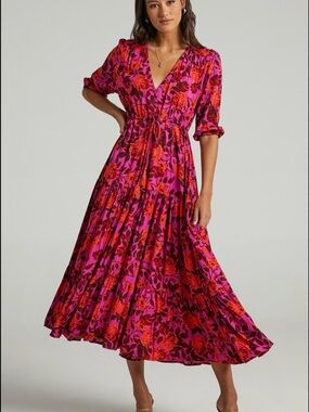 Abel the Label Red Pink Black Floral Hi/Low Smocked Flutter Sleeve Dress Medium